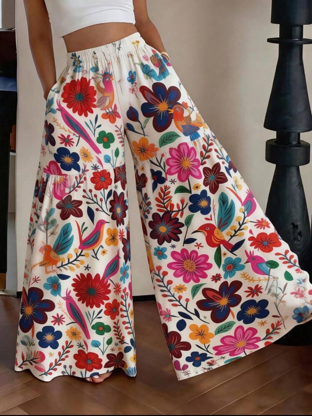 Boho Plus Size Wide Leg Floral Print Palazzo Pants Multicolor
